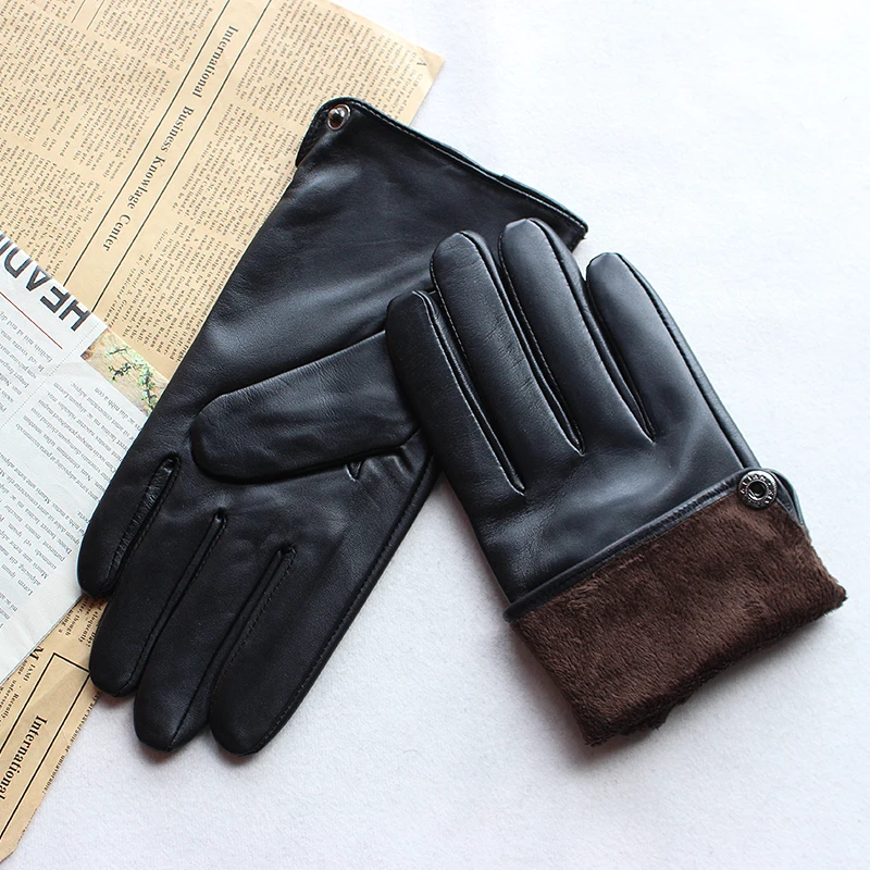 Men's Winter Leather Sheepskin Gloves Velvet Lined Warmth Cold Protection for Outdoor Motorcycle Driving