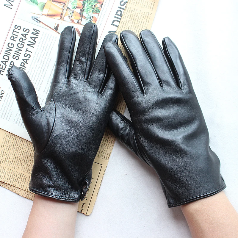 Men's Winter Leather Sheepskin Gloves Velvet Lined Warmth Cold Protection for Outdoor Motorcycle Driving
