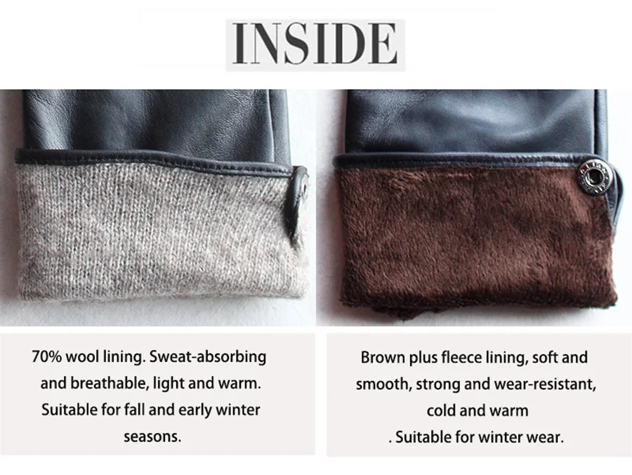 Men's Winter Leather Sheepskin Gloves Velvet Lined Warmth Cold Protection for Outdoor Motorcycle Driving