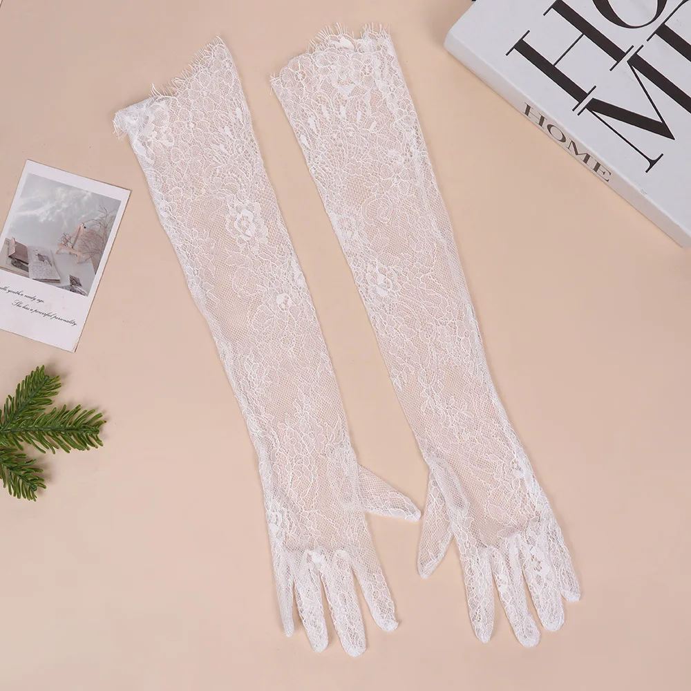 Sexy Lace Long Mesh Eyelash Woman Gloves Transparent Tulle Bridal Wedding Elbow Opera Party Decorative Costume Accessories