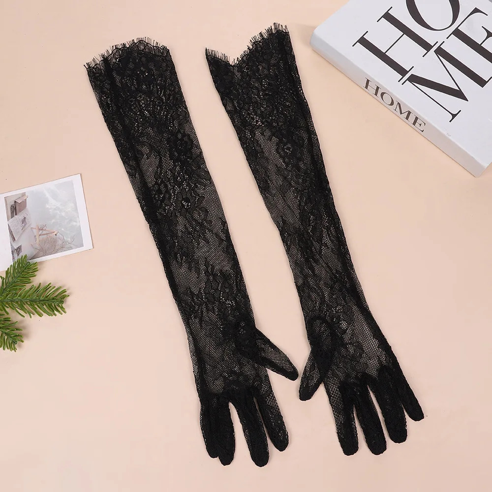 Sexy Lace Long Mesh Eyelash Woman Gloves Transparent Tulle Bridal Wedding Elbow Opera Party Decorative Costume Accessories