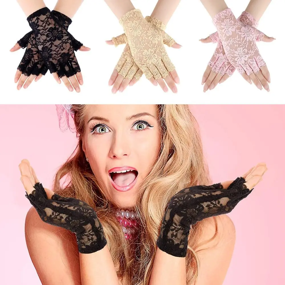 Women Sexy Dressy Lace Gloves Sunscreen Short Gloves Fingerless Lace Driving Gloves Spring Summer Mittens Wedding Accessories
