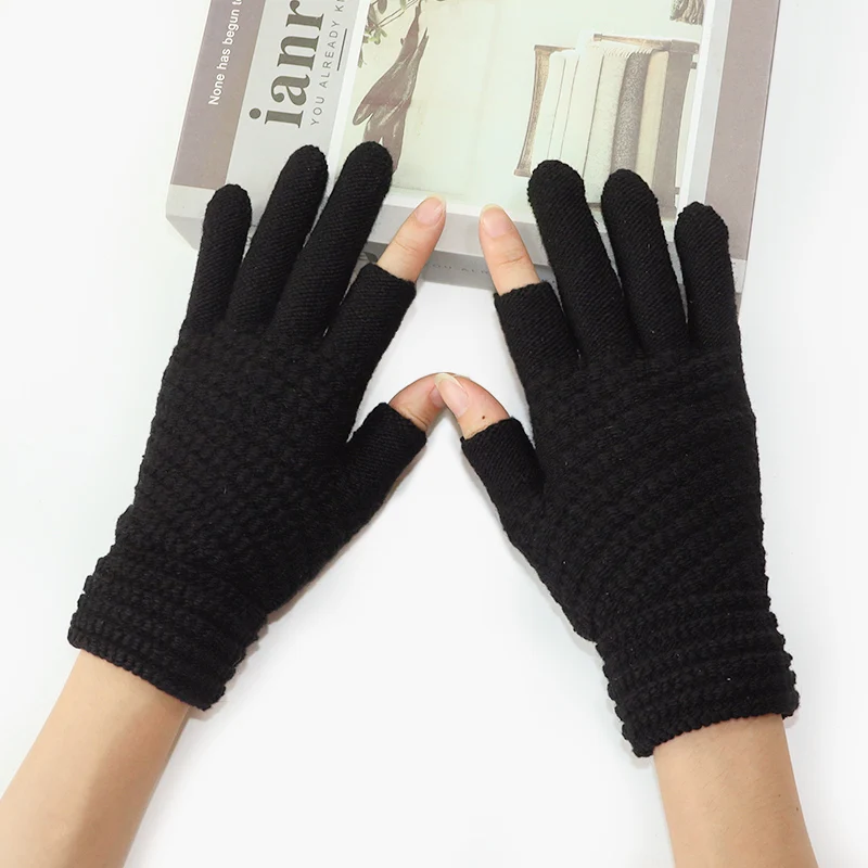 Two-Finger Gloves for Men and Women, Winter Touchscreen-Compatible, Warm, Fleece-Lined, Thick Knitted Wool, Half-Finger Gloves for Writing and Using Mobile Phones, for Students