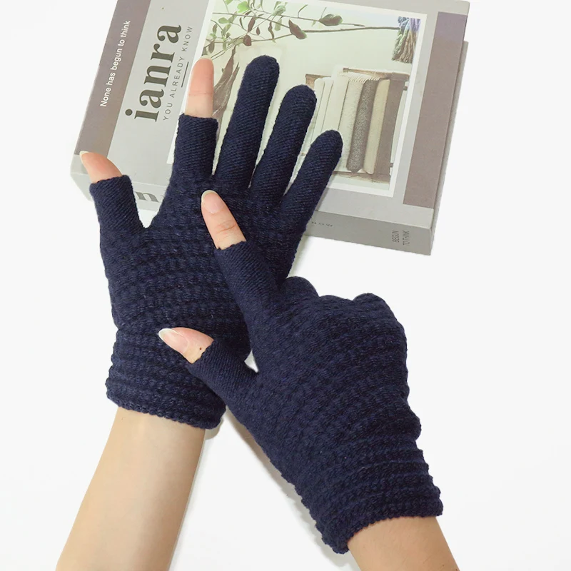 Two-Finger Gloves for Men and Women, Winter Touchscreen-Compatible, Warm, Fleece-Lined, Thick Knitted Wool, Half-Finger Gloves for Writing and Using Mobile Phones, for Students