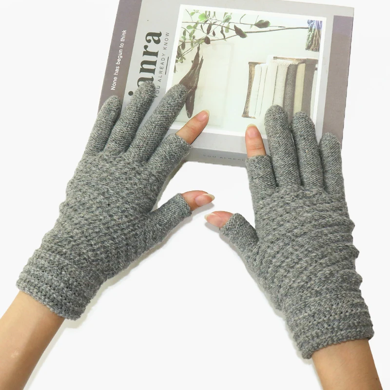 Two-Finger Gloves for Men and Women, Winter Touchscreen-Compatible, Warm, Fleece-Lined, Thick Knitted Wool, Half-Finger Gloves for Writing and Using Mobile Phones, for Students