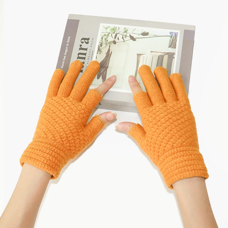 Two-Finger Gloves for Men and Women, Winter Touchscreen-Compatible, Warm, Fleece-Lined, Thick Knitted Wool, Half-Finger Gloves for Writing and Using Mobile Phones, for Students
