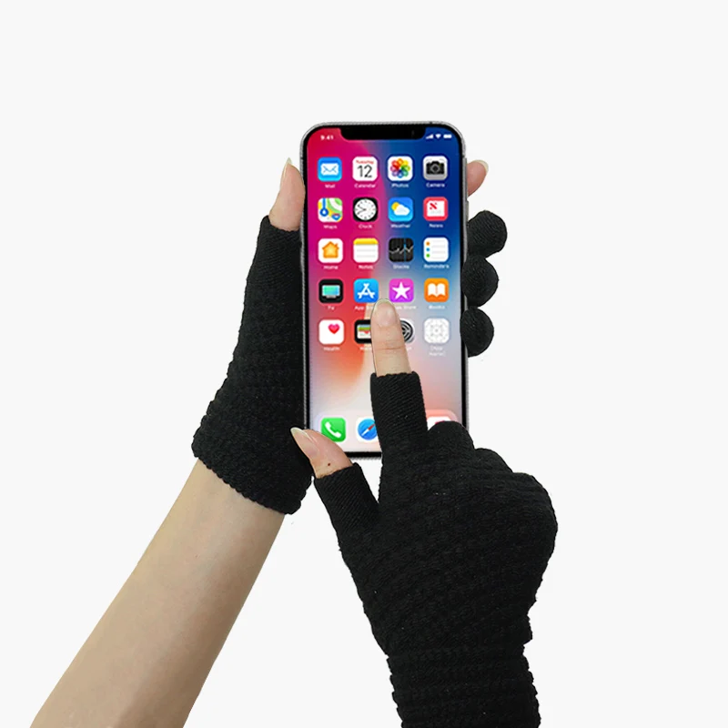 Two-Finger Gloves for Men and Women, Winter Touchscreen-Compatible, Warm, Fleece-Lined, Thick Knitted Wool, Half-Finger Gloves for Writing and Using Mobile Phones, for Students