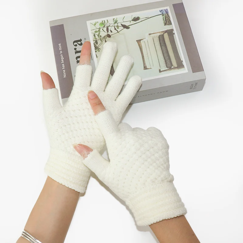 Two-Finger Gloves for Men and Women, Winter Touchscreen-Compatible, Warm, Fleece-Lined, Thick Knitted Wool, Half-Finger Gloves for Writing and Using Mobile Phones, for Students