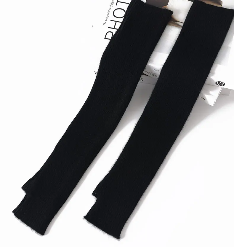 Women 100% Cashmere Long Mittens 43cm Fine Knitted Fingerless Gloves Mitt Y2k Thermal Gloves Semi Finger Oversleeves Arm Warmers