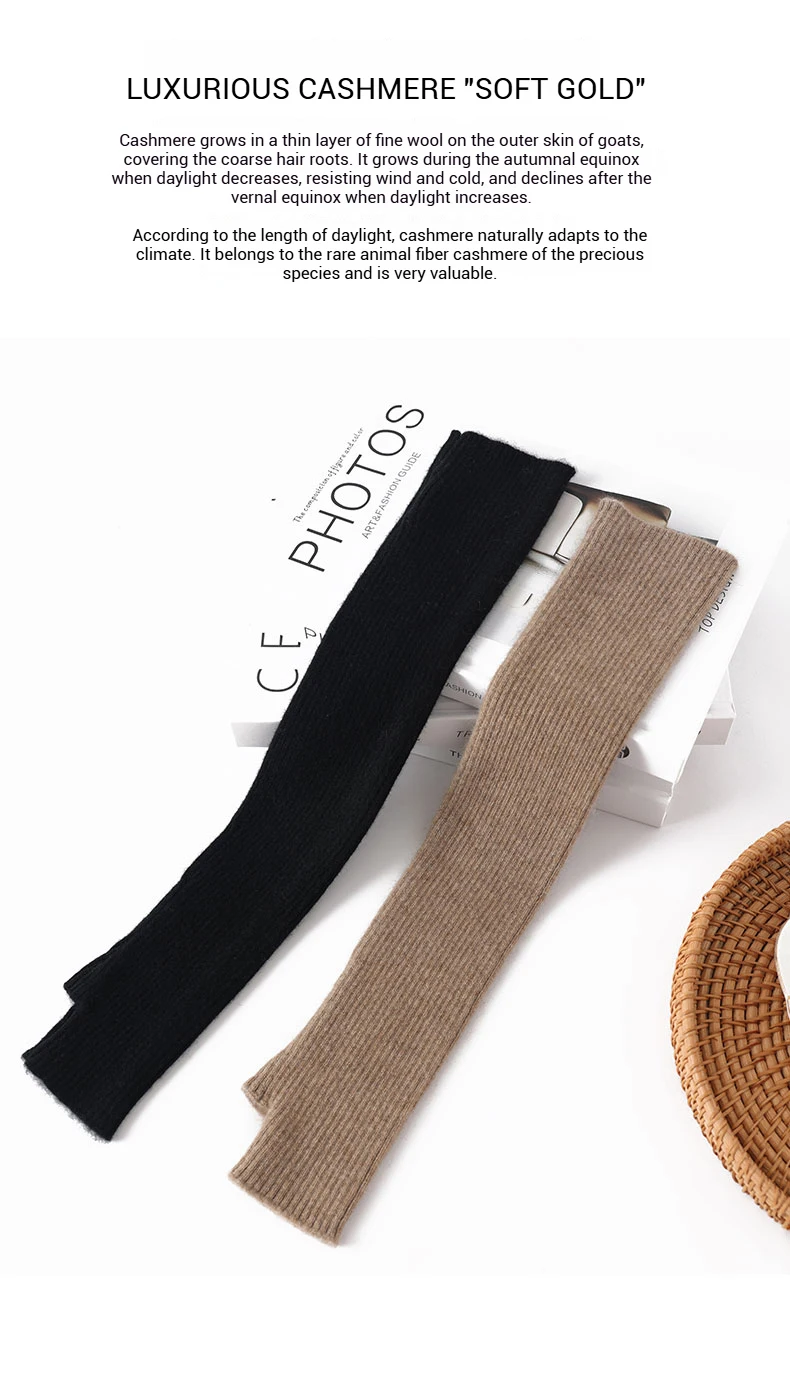 Women 100% Cashmere Long Mittens 43cm Fine Knitted Fingerless Gloves Mitt Y2k Thermal Gloves Semi Finger Oversleeves Arm Warmers