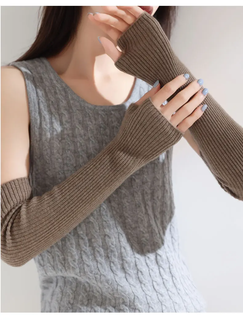 Women 100% Cashmere Long Mittens 43cm Fine Knitted Fingerless Gloves Mitt Y2k Thermal Gloves Semi Finger Oversleeves Arm Warmers