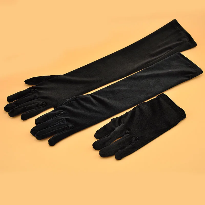 Women Golden Velvet Long Section Autumn Winter Warm Black Evening Dress Etiquette Gloves Retro Style Banquet Accessories Cosplay