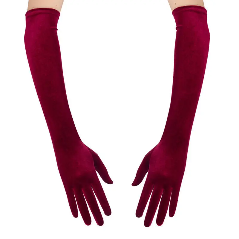 Women Golden Velvet Long Section Autumn Winter Warm Black Evening Dress Etiquette Gloves Retro Style Banquet Accessories Cosplay
