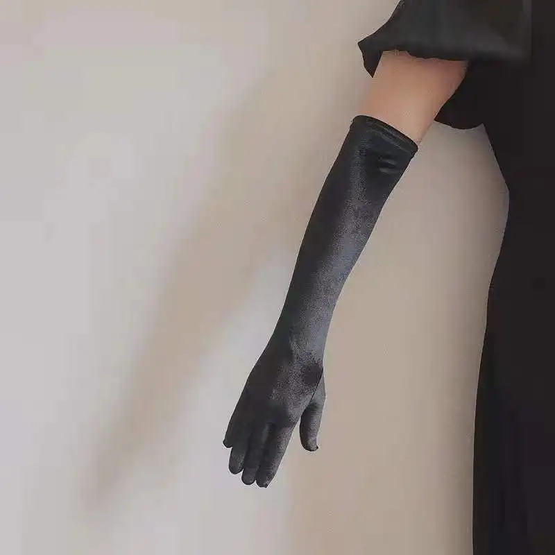 Women Golden Velvet Long Section Autumn Winter Warm Black Evening Dress Etiquette Gloves Retro Style Banquet Accessories Cosplay