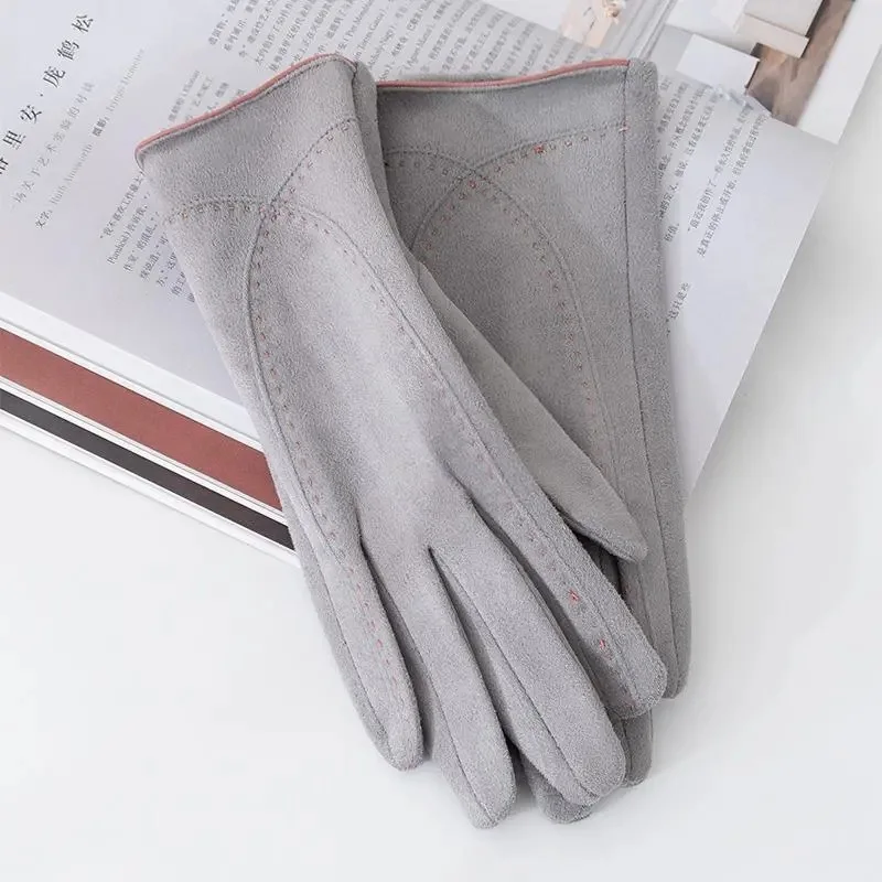 Fashion Style Plus Velvet Thicken Women Winter Keep Warm Touch Screen Suede Gloves Drive Cycling Personality Mittens