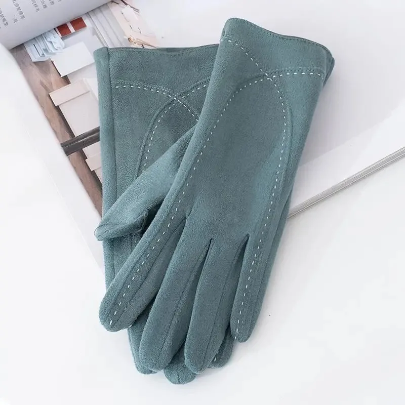 Fashion Style Plus Velvet Thicken Women Winter Keep Warm Touch Screen Suede Gloves Drive Cycling Personality Mittens