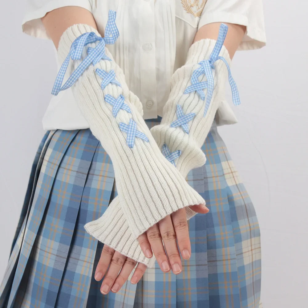 Women Knitted Arm Warmers Long Fingerless Gloves Winter Gothic Lolita Sweet Arm Sleeve Girls Y2K Classic Soft Mitten
