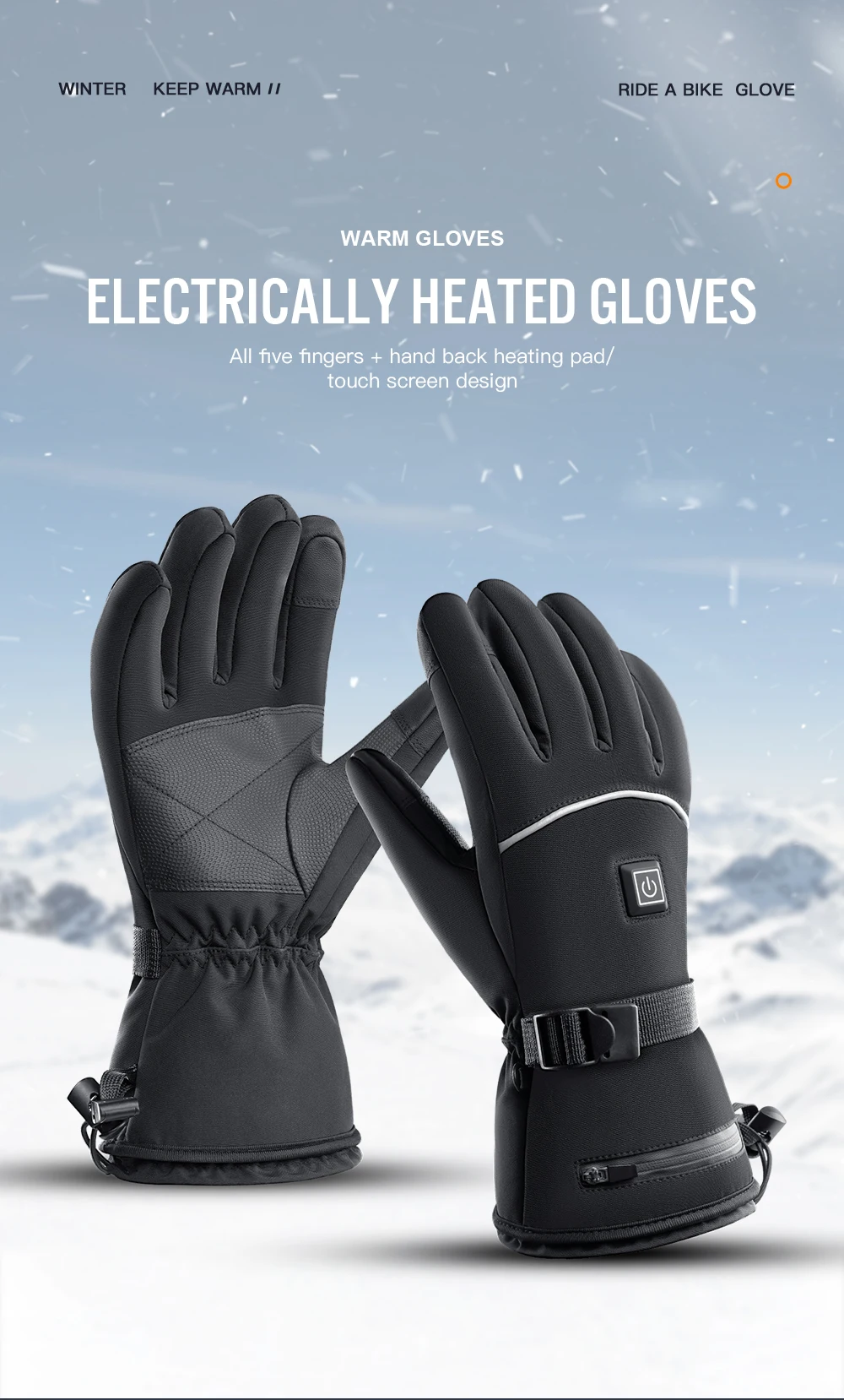 1 pair of electric heating gloves with battery heating, adjustable in three levels, suitable for men and women, winter anti slip