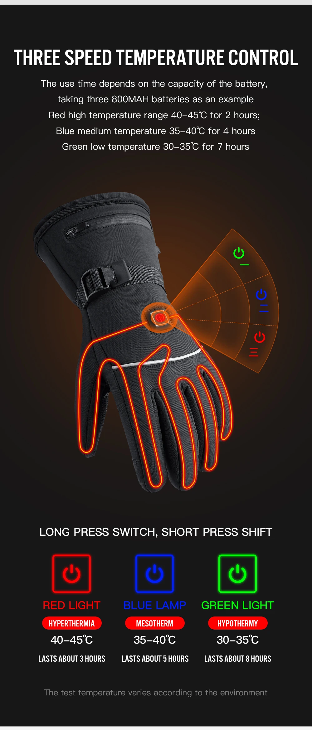 1 pair of electric heating gloves with battery heating, adjustable in three levels, suitable for men and women, winter anti slip