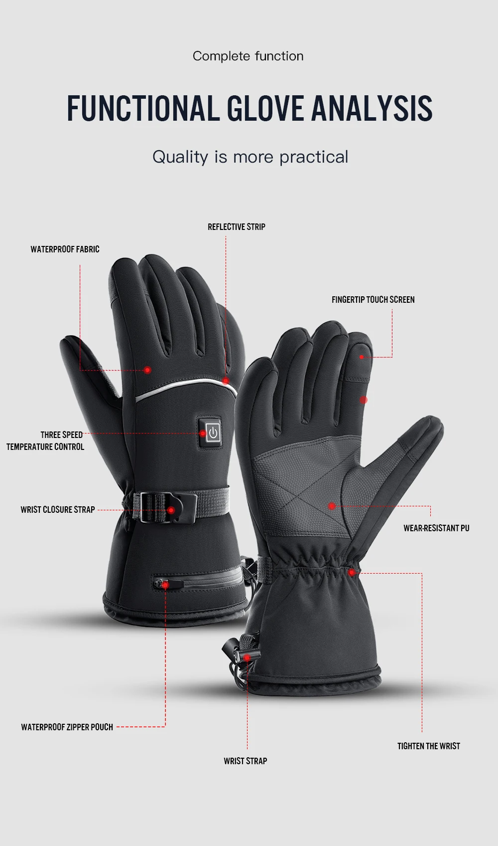 1 pair of electric heating gloves with battery heating, adjustable in three levels, suitable for men and women, winter anti slip