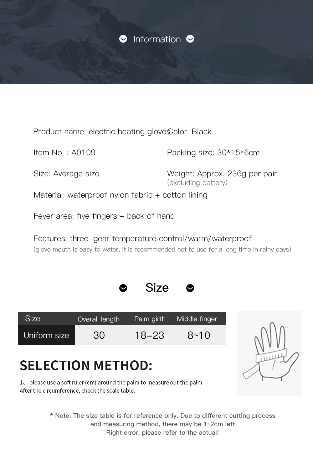1 pair of electric heating gloves with battery heating, adjustable in three levels, suitable for men and women, winter anti slip