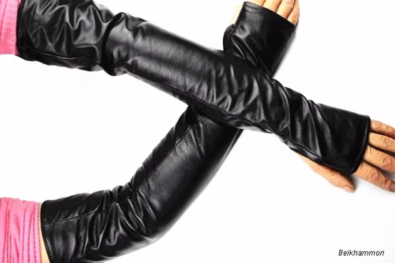 Long Fingerless Leather Gloves Fashion Women Half Finger Sheepskin Gloves Fall Winter Warm Velvet Lining Warm Arm Sleeves