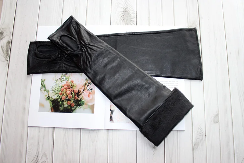 Long Fingerless Leather Gloves Fashion Women Half Finger Sheepskin Gloves Fall Winter Warm Velvet Lining Warm Arm Sleeves