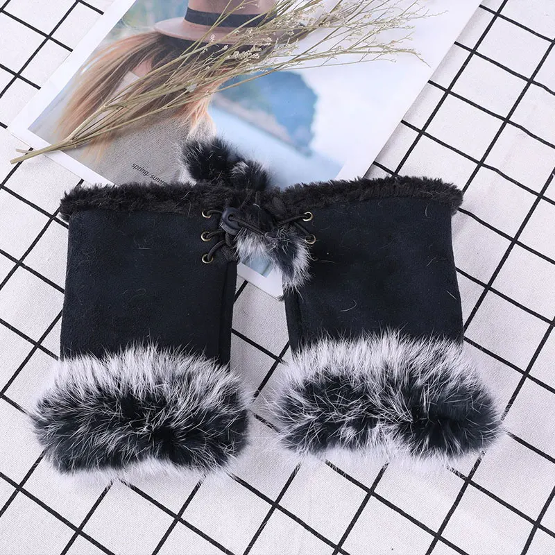 1 Pair Women Winter Warm Gloves Sexy Faux Rabbit Fur Hand Wrist Warmer Fingerless Gloves Suede Women Mittens Warm Wrist Gloves