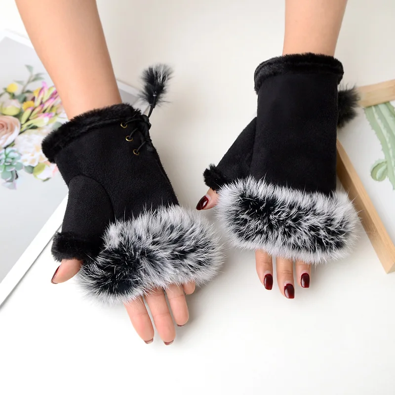 1 Pair Women Winter Warm Gloves Sexy Faux Rabbit Fur Hand Wrist Warmer Fingerless Gloves Suede Women Mittens Warm Wrist Gloves