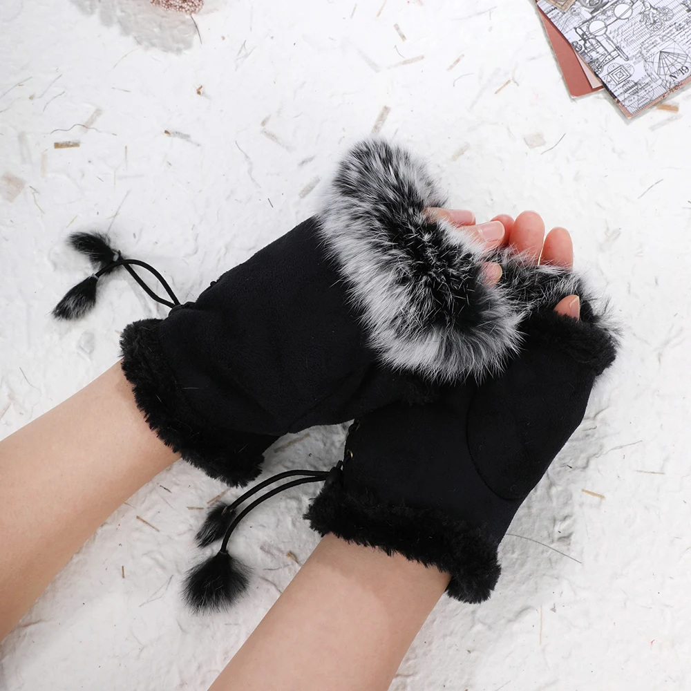1 Pair Women Winter Warm Gloves Sexy Faux Rabbit Fur Hand Wrist Warmer Fingerless Gloves Suede Women Mittens Warm Wrist Gloves