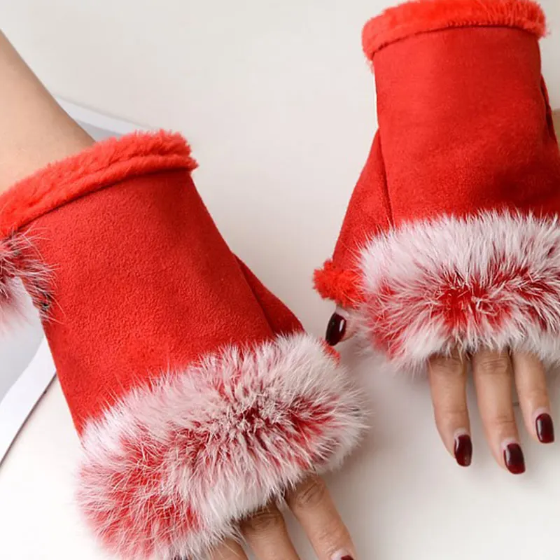 1 Pair Women Winter Warm Gloves Sexy Faux Rabbit Fur Hand Wrist Warmer Fingerless Gloves Suede Women Mittens Warm Wrist Gloves