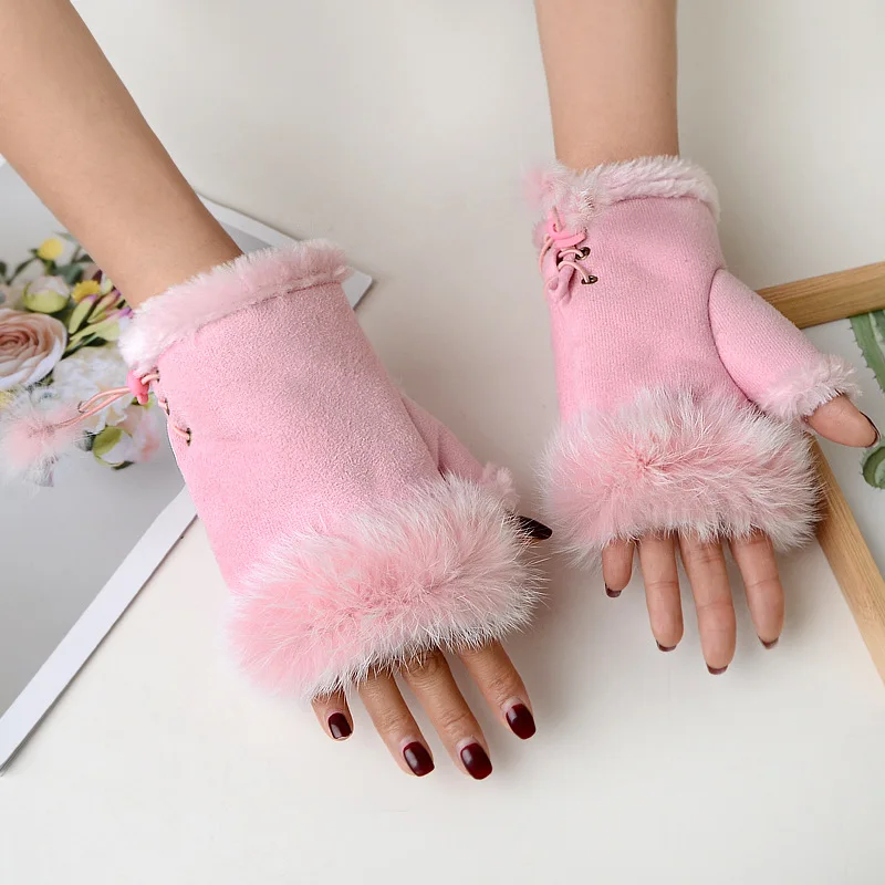 1 Pair Women Winter Warm Gloves Sexy Faux Rabbit Fur Hand Wrist Warmer Fingerless Gloves Suede Women Mittens Warm Wrist Gloves