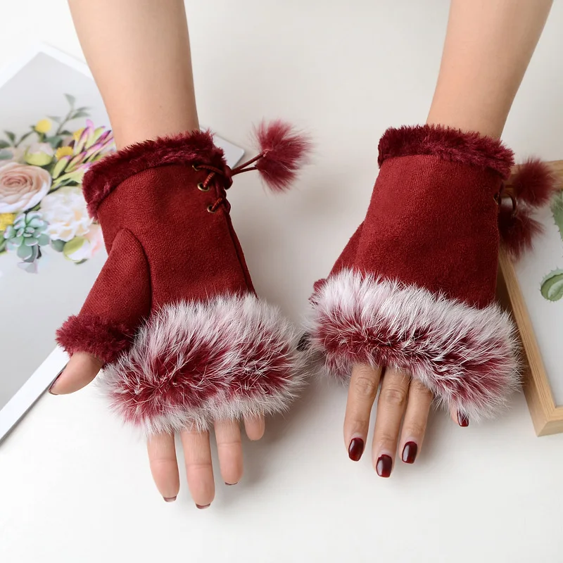 1 Pair Women Winter Warm Gloves Sexy Faux Rabbit Fur Hand Wrist Warmer Fingerless Gloves Suede Women Mittens Warm Wrist Gloves