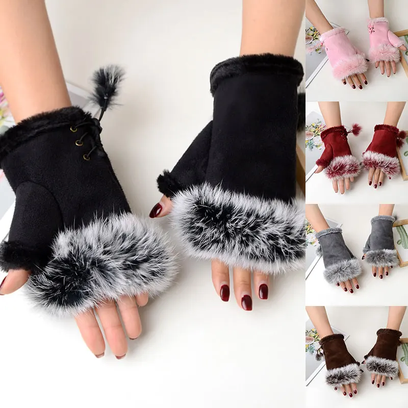1 Pair Women Winter Warm Gloves Sexy Faux Rabbit Fur Hand Wrist Warmer Fingerless Gloves Suede Women Mittens Warm Wrist Gloves