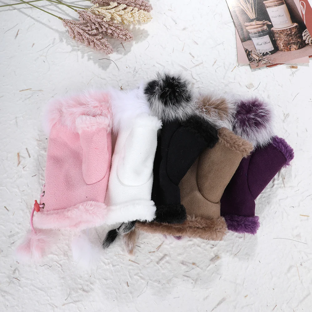 1 Pair Women Winter Warm Gloves Sexy Faux Rabbit Fur Hand Wrist Warmer Fingerless Gloves Suede Women Mittens Warm Wrist Gloves