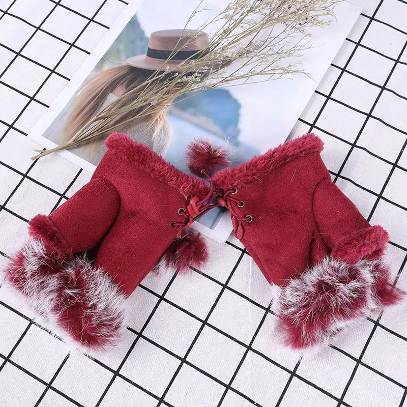 1 Pair Women Winter Warm Gloves Sexy Faux Rabbit Fur Hand Wrist Warmer Fingerless Gloves Suede Women Mittens Warm Wrist Gloves
