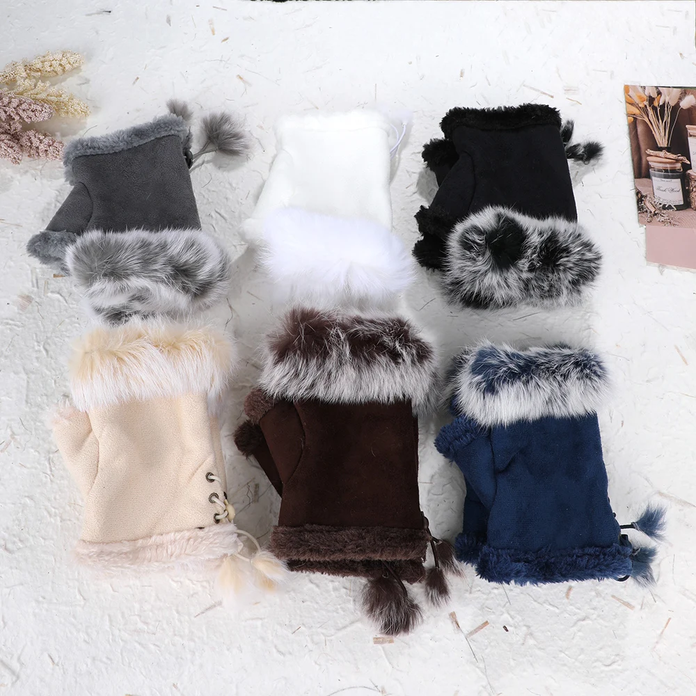 1 Pair Women Winter Warm Gloves Sexy Faux Rabbit Fur Hand Wrist Warmer Fingerless Gloves Suede Women Mittens Warm Wrist Gloves