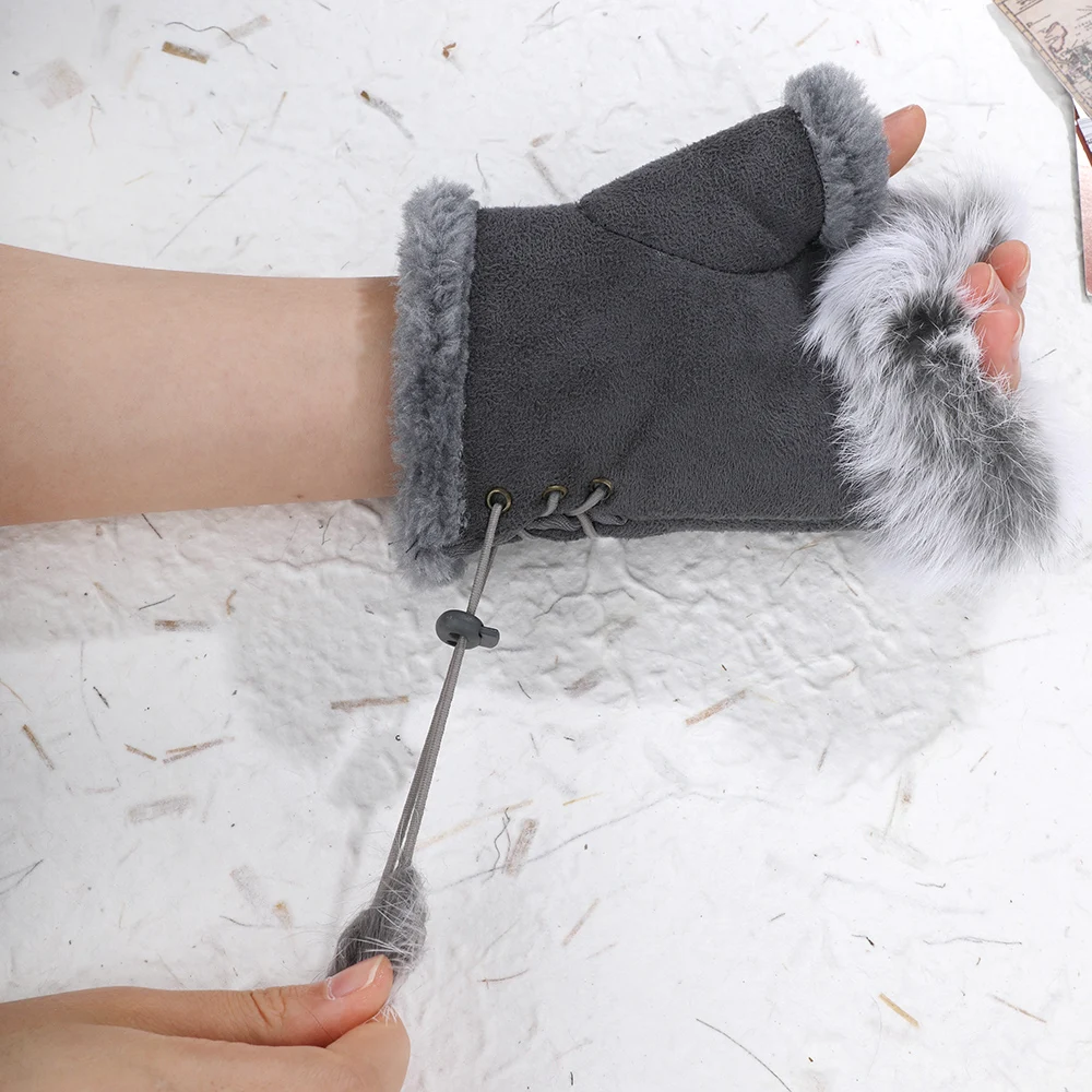 1 Pair Women Winter Warm Gloves Sexy Faux Rabbit Fur Hand Wrist Warmer Fingerless Gloves Suede Women Mittens Warm Wrist Gloves
