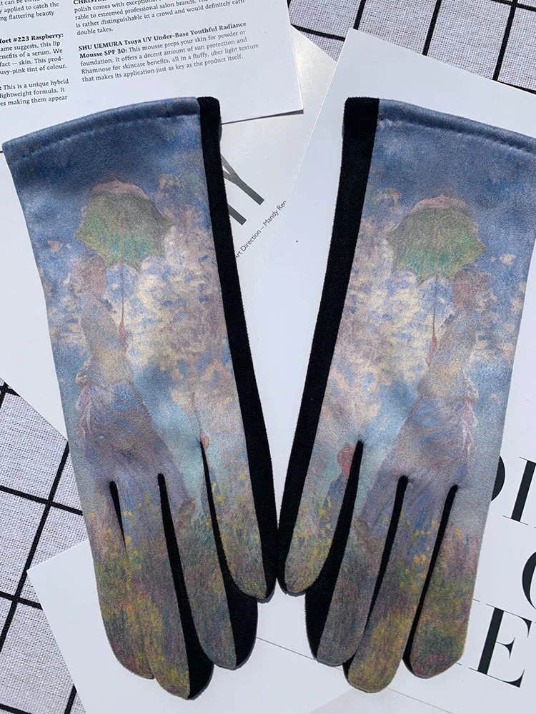 Winter Warm Van Gogh Oil Painting Gloves Fashion Retro Opera Performance Women Cycling Drive Touch Screen Full Finger Thicken
