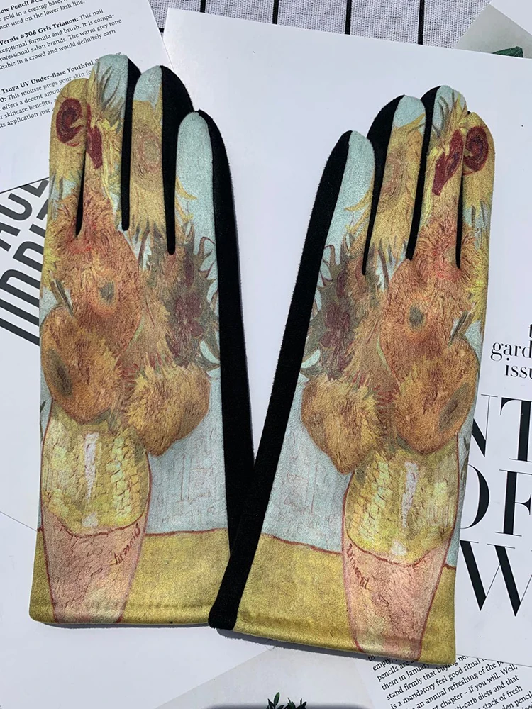 Winter Warm Van Gogh Oil Painting Gloves Fashion Retro Opera Performance Women Cycling Drive Touch Screen Full Finger Thicken