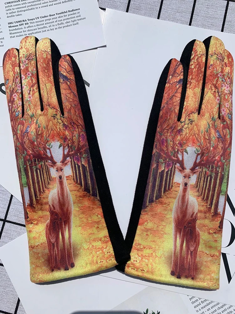 Winter Warm Van Gogh Oil Painting Gloves Fashion Retro Opera Performance Women Cycling Drive Touch Screen Full Finger Thicken