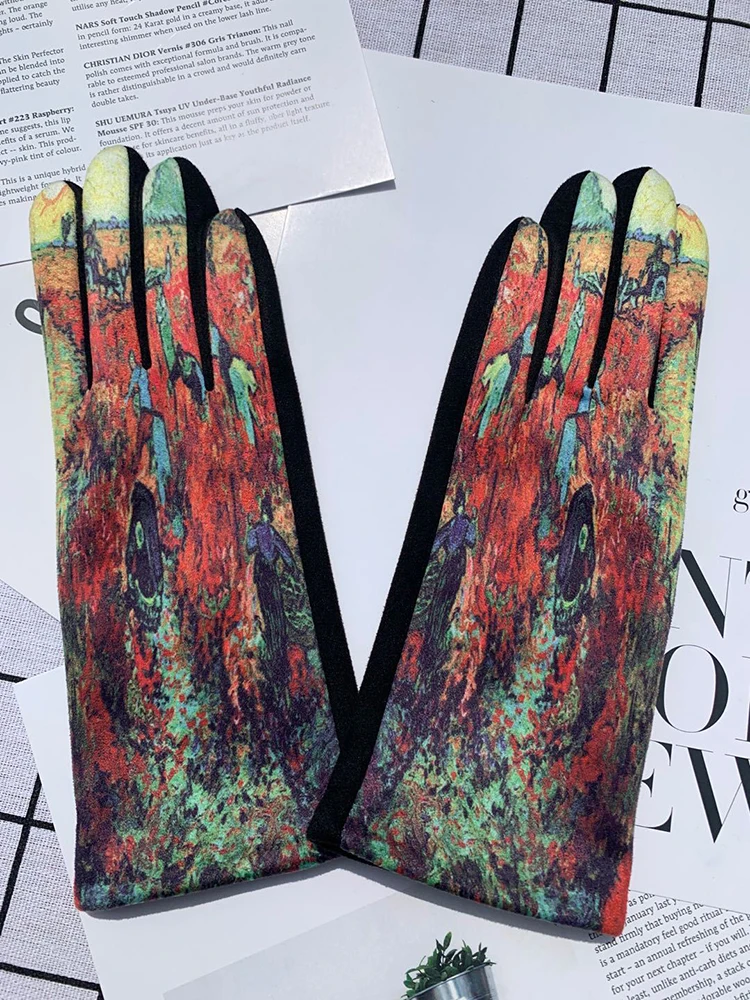 Winter Warm Van Gogh Oil Painting Gloves Fashion Retro Opera Performance Women Cycling Drive Touch Screen Full Finger Thicken