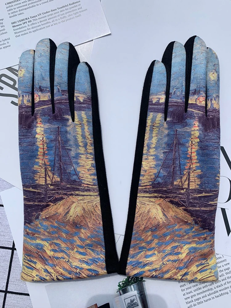 Winter Warm Van Gogh Oil Painting Gloves Fashion Retro Opera Performance Women Cycling Drive Touch Screen Full Finger Thicken