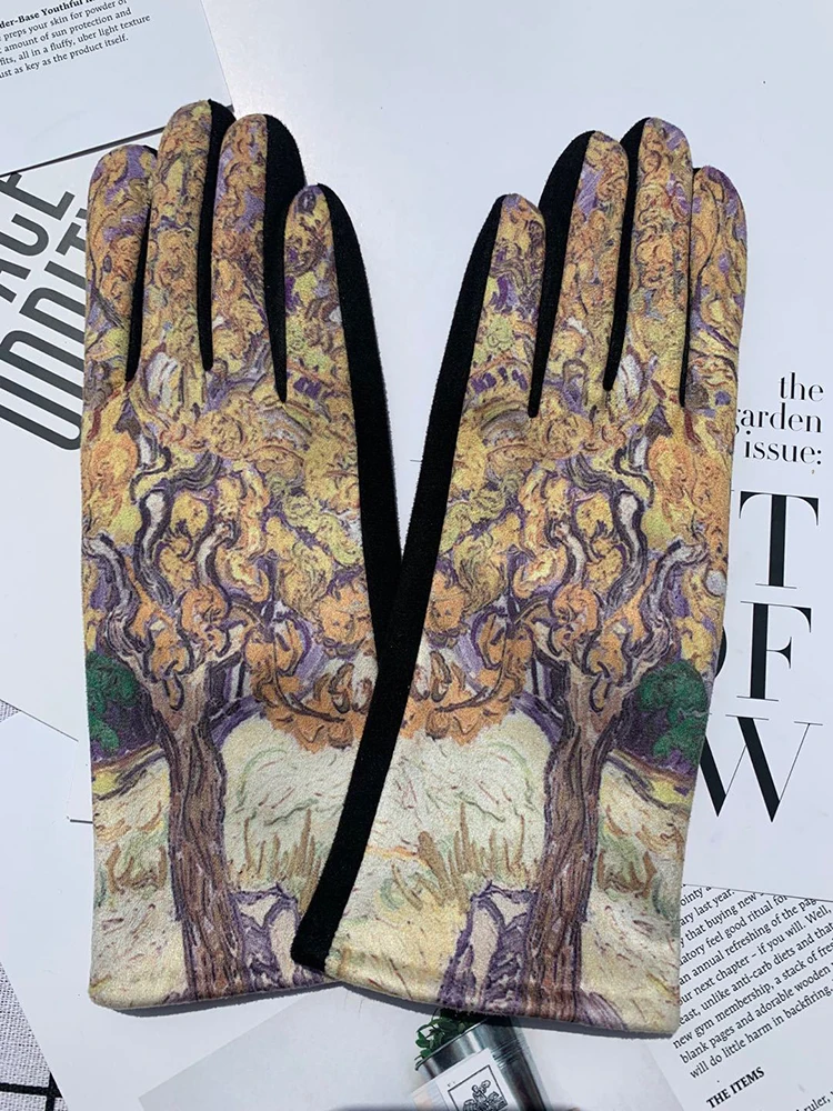 Winter Warm Van Gogh Oil Painting Gloves Fashion Retro Opera Performance Women Cycling Drive Touch Screen Full Finger Thicken