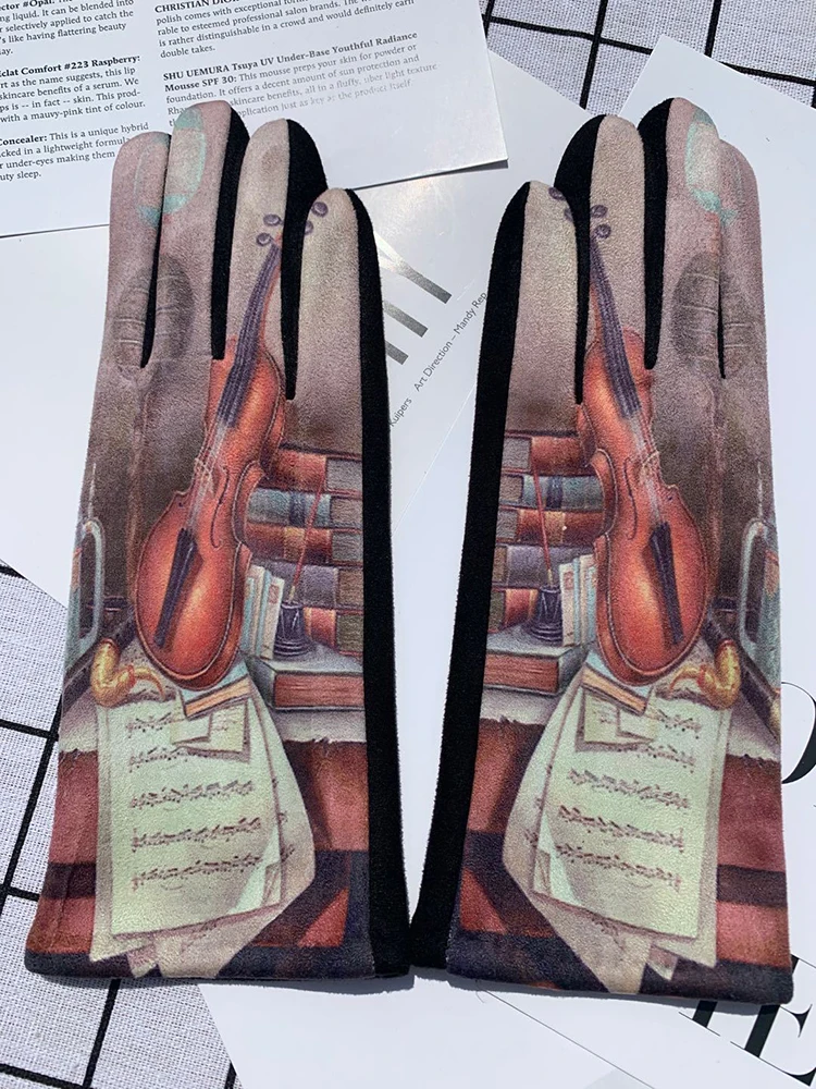 Winter Warm Van Gogh Oil Painting Gloves Fashion Retro Opera Performance Women Cycling Drive Touch Screen Full Finger Thicken