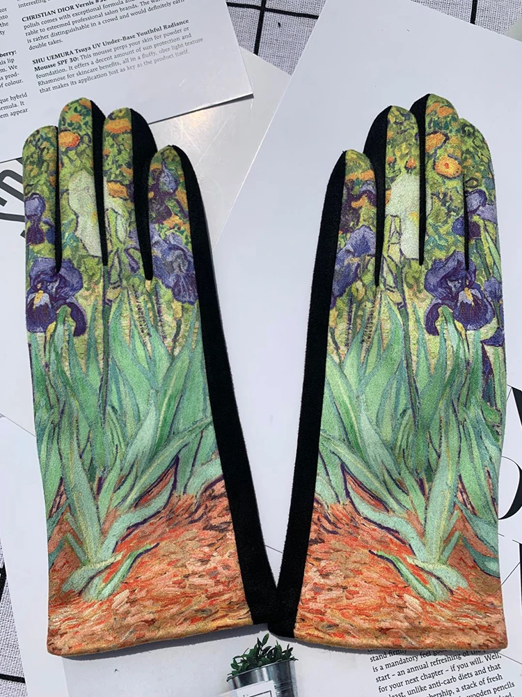 Winter Warm Van Gogh Oil Painting Gloves Fashion Retro Opera Performance Women Cycling Drive Touch Screen Full Finger Thicken