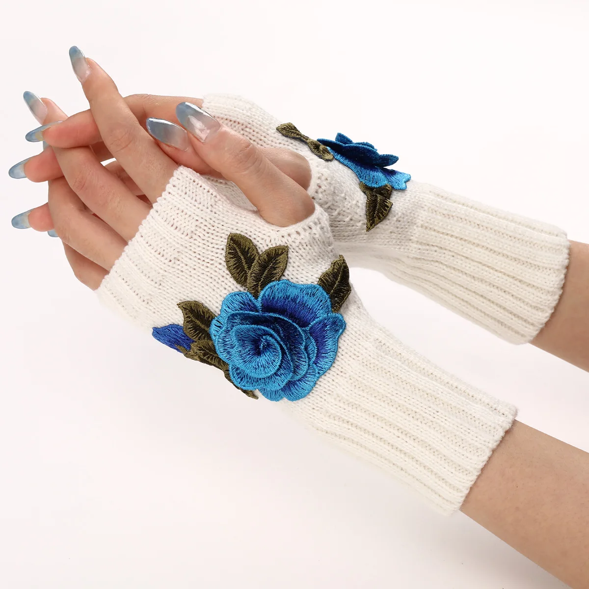 2025 New Autumn Winter Women's Short Fashion Embroidered Flower Gloves Knitted Wool Sleeves Warm Mittens Fingerless Gloves Women