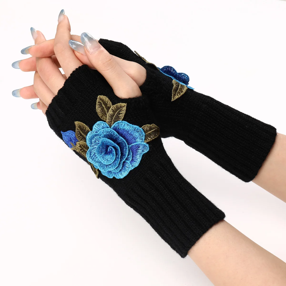 2025 New Autumn Winter Women's Short Fashion Embroidered Flower Gloves Knitted Wool Sleeves Warm Mittens Fingerless Gloves Women