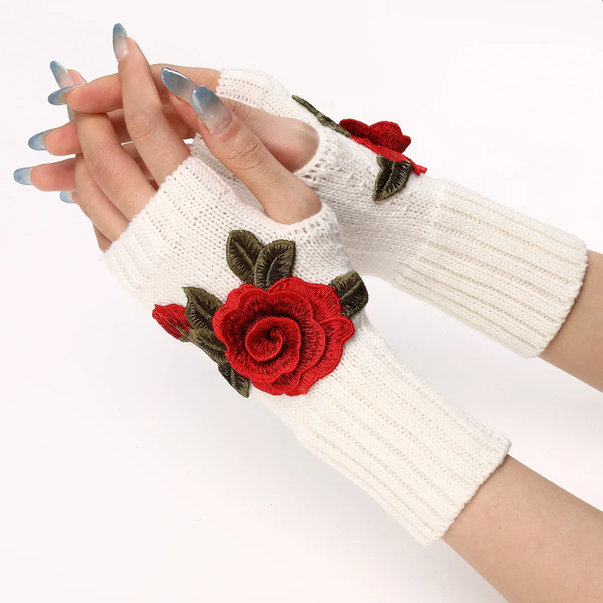 2025 New Autumn Winter Women's Short Fashion Embroidered Flower Gloves Knitted Wool Sleeves Warm Mittens Fingerless Gloves Women
