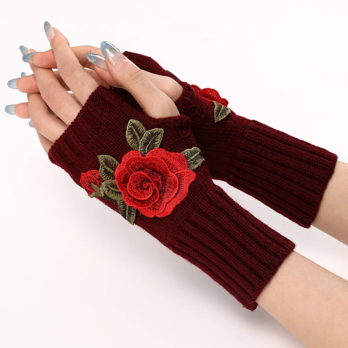 2025 New Autumn Winter Women's Short Fashion Embroidered Flower Gloves Knitted Wool Sleeves Warm Mittens Fingerless Gloves Women